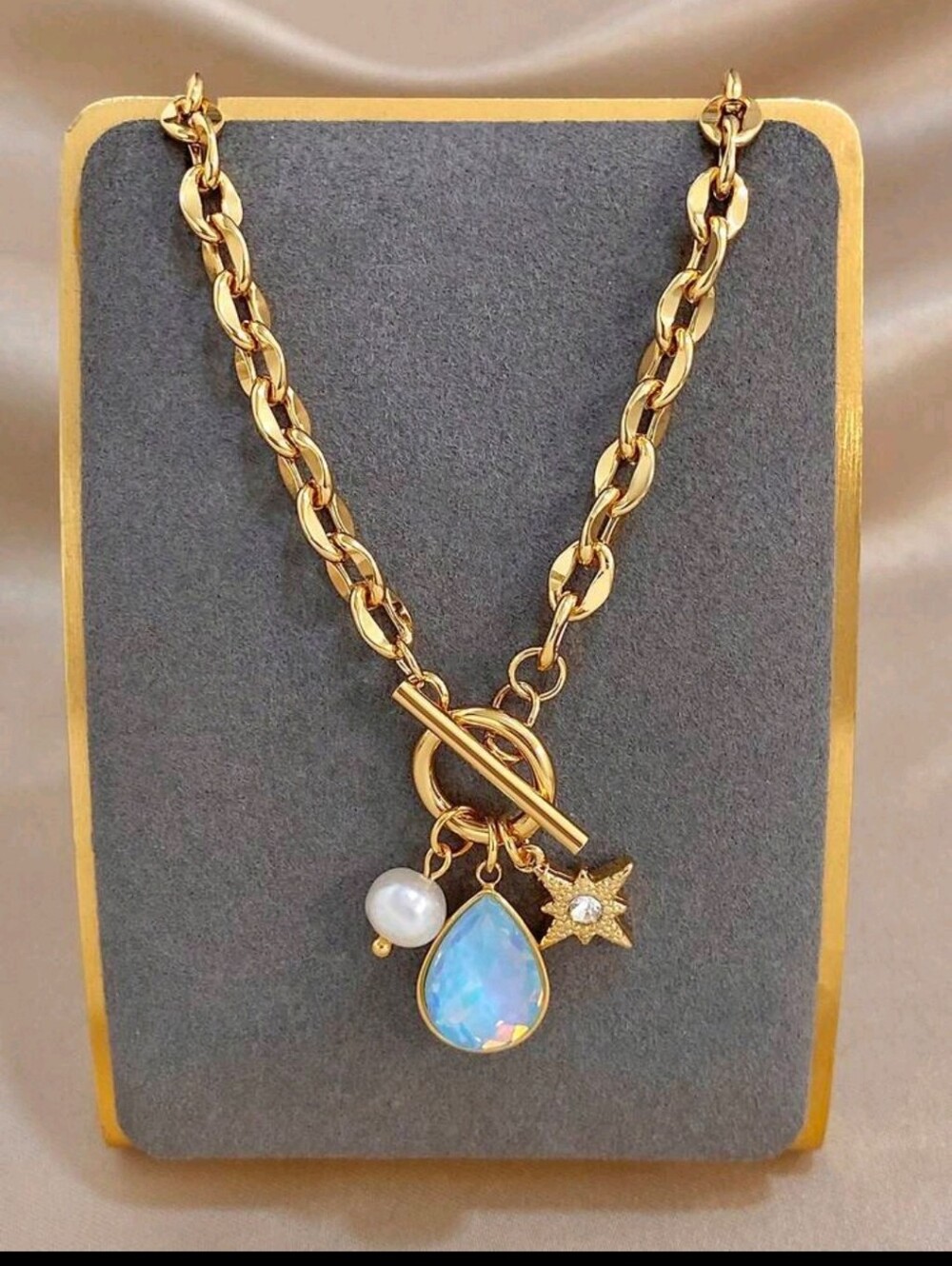 BRAND NEW **Gold Chain Necklace with Opal Teardrop & Pearl Charm - Women Jewelry
